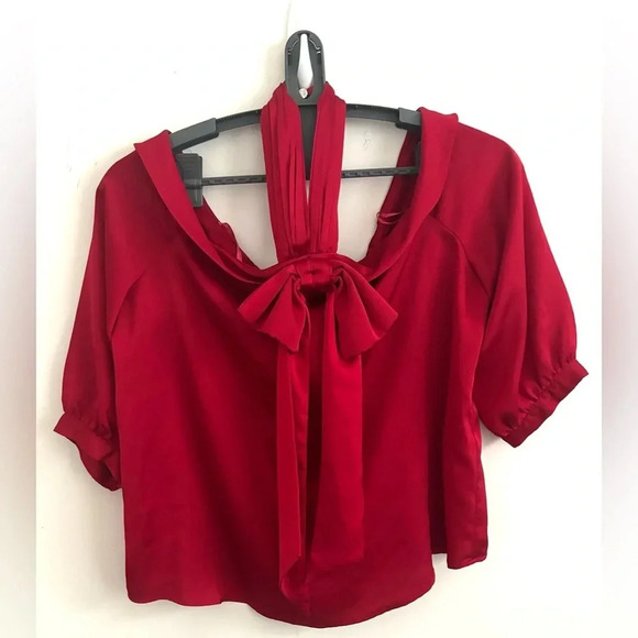 Red Off Shoulder Halter Bow Blouse L Elegant Satin Look Dressy Party Chritmas - Picture 3 of 9
